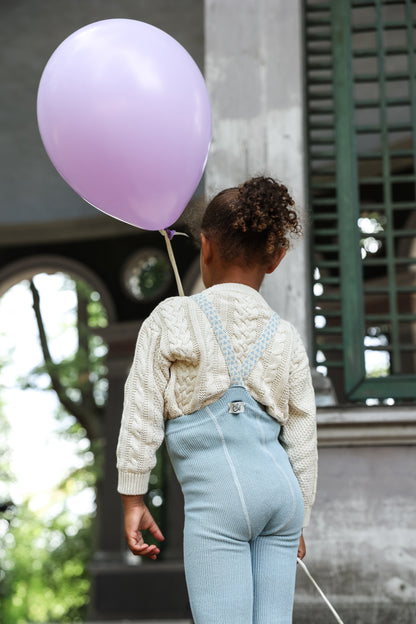 Silly Silas Back view of Misty Blue footless tights and crossed patterned braces