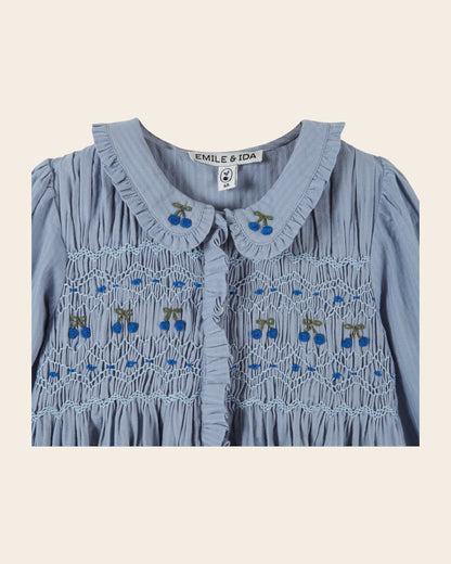 Emile et Ida Blue Cherry Smocked Blouse