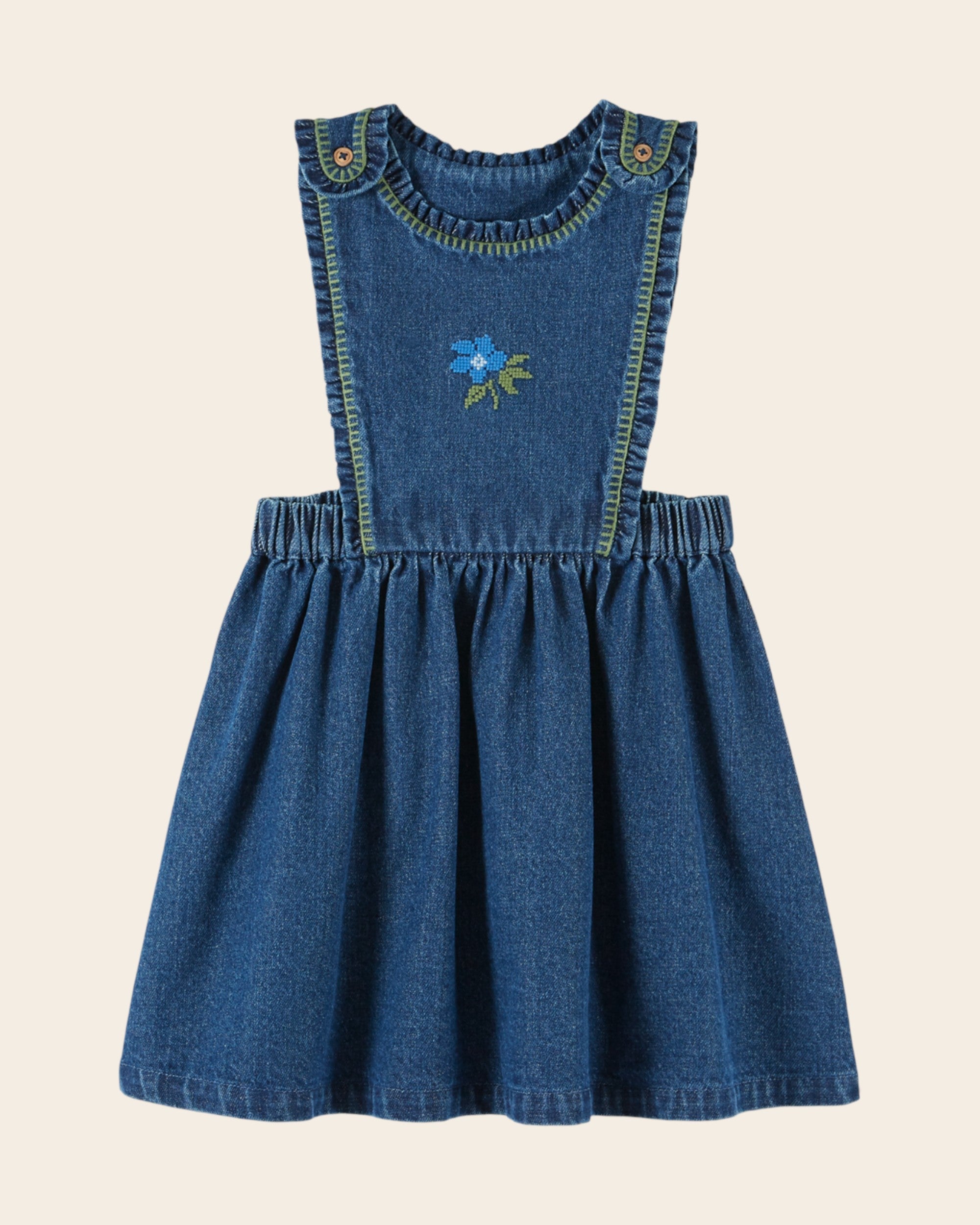Emile et Ida Blue Denim Embroidered Apron Dress