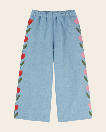 Emile et Ida Light Blue Denim Embroidered Tulip Pants