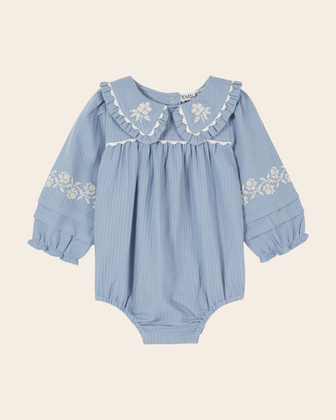 Emile et Ida Blue Embroidered Baby Romper