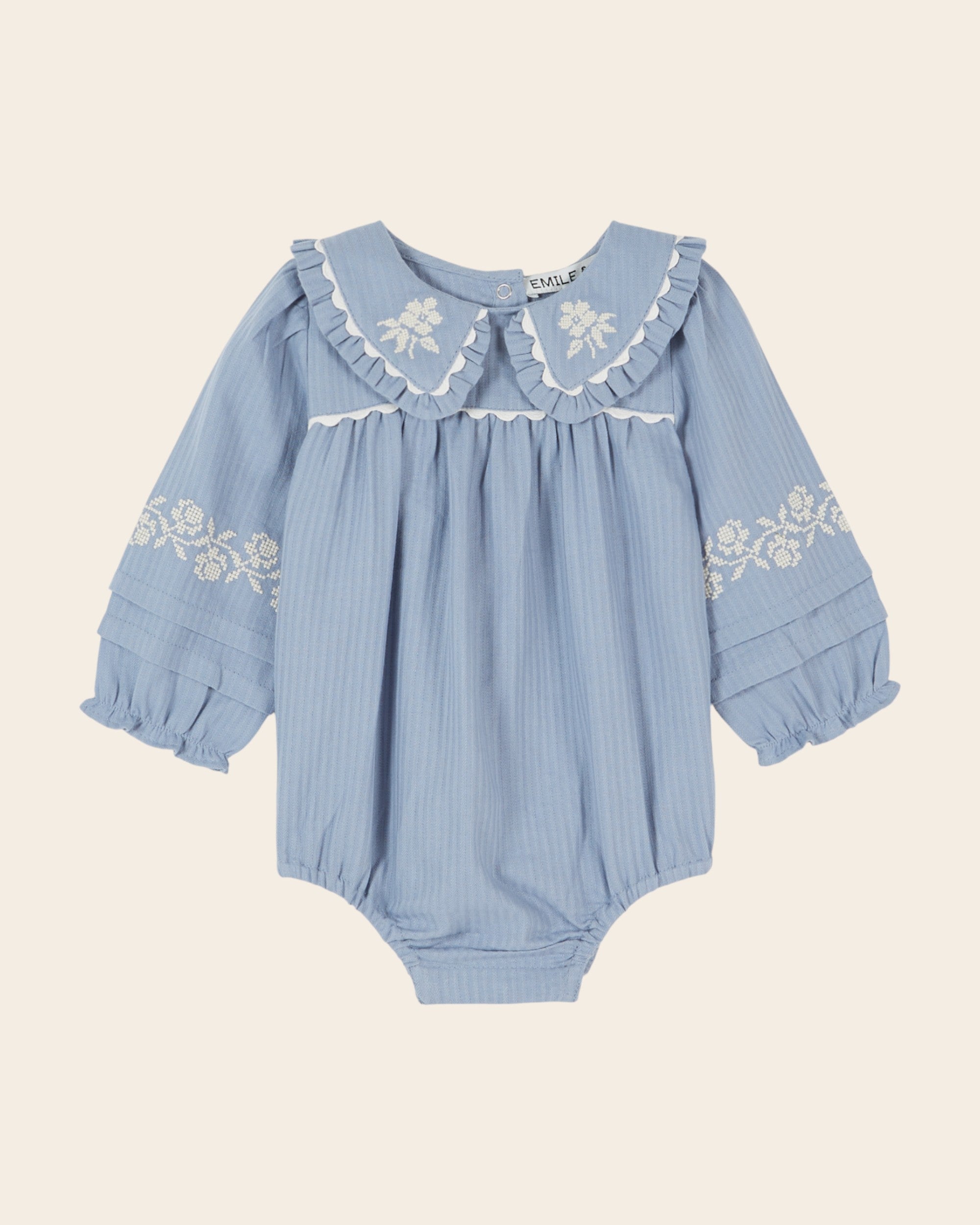 Emile et Ida Blue Embroidered Baby Romper