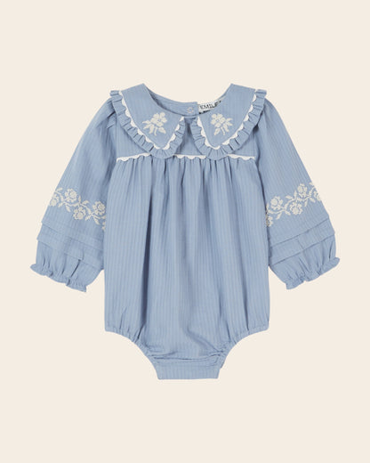 Emile et Ida Blue Embroidered Baby Romper