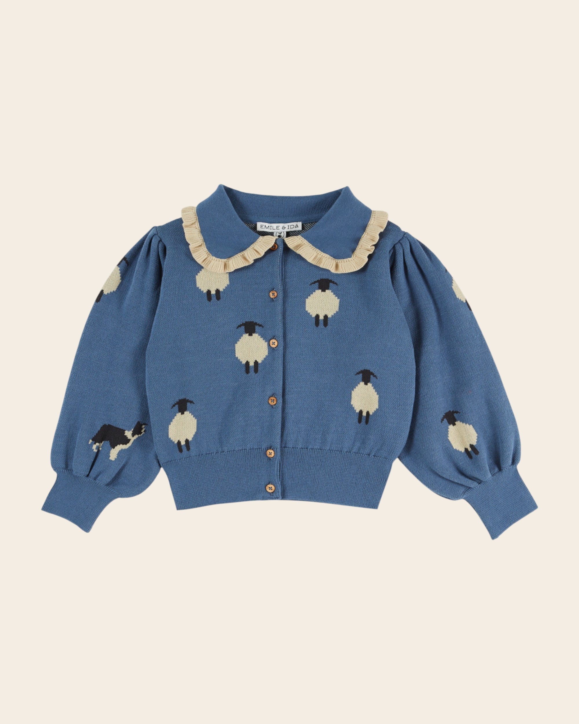 Emile et Ida Blue Sheep Jacquard Ruffle Cardigan
