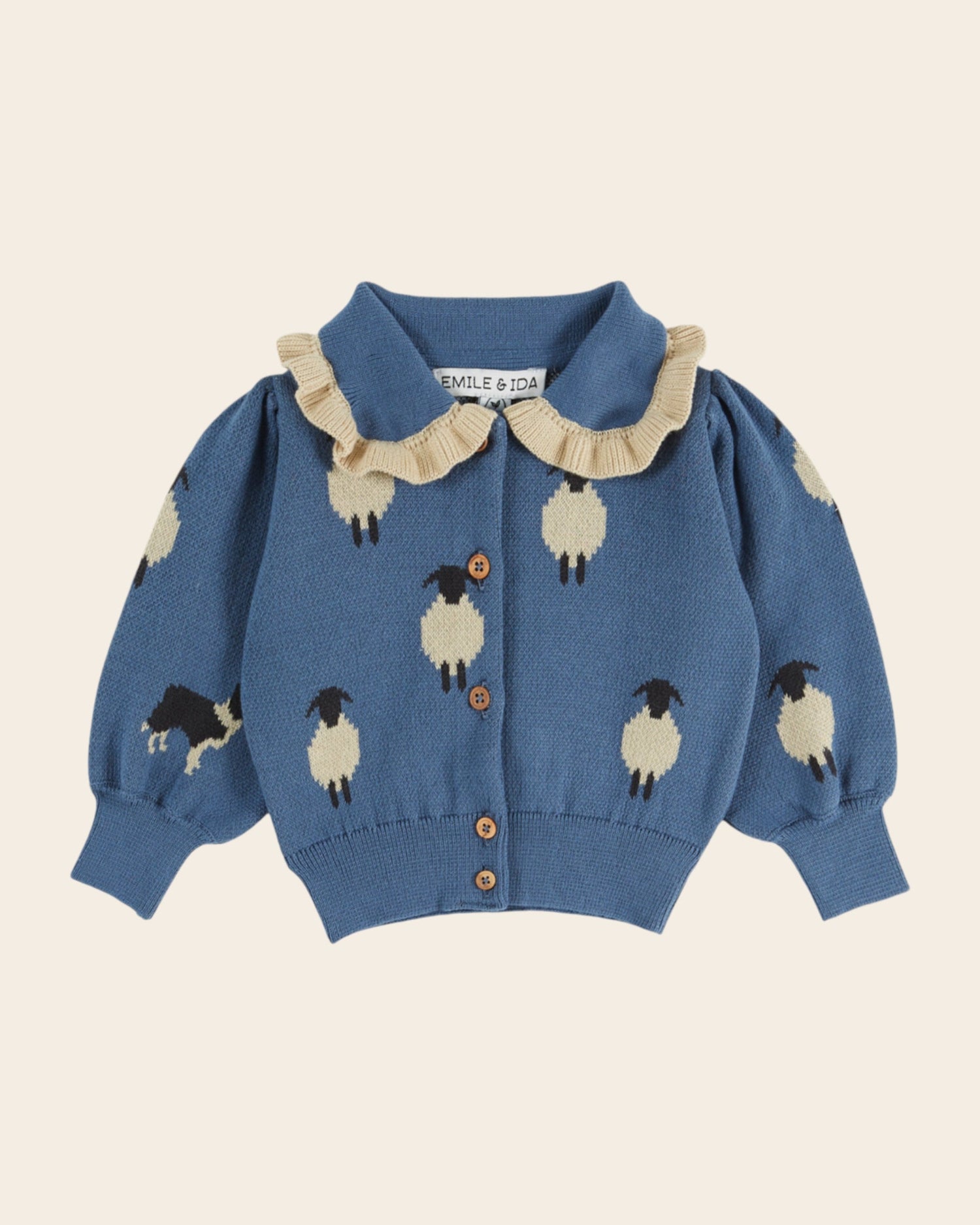Emile et Ida Blue Sheep Jacquard Ruffle Cardigan