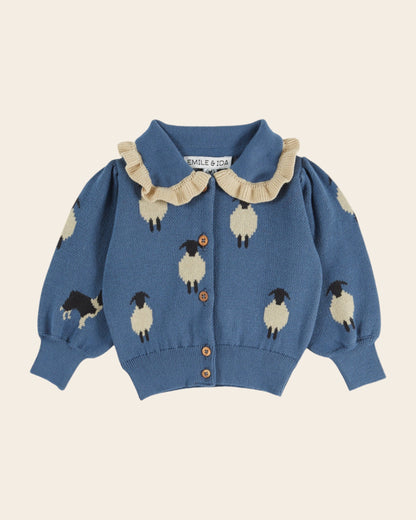 Emile et Ida Blue Sheep Jacquard Ruffle Cardigan
