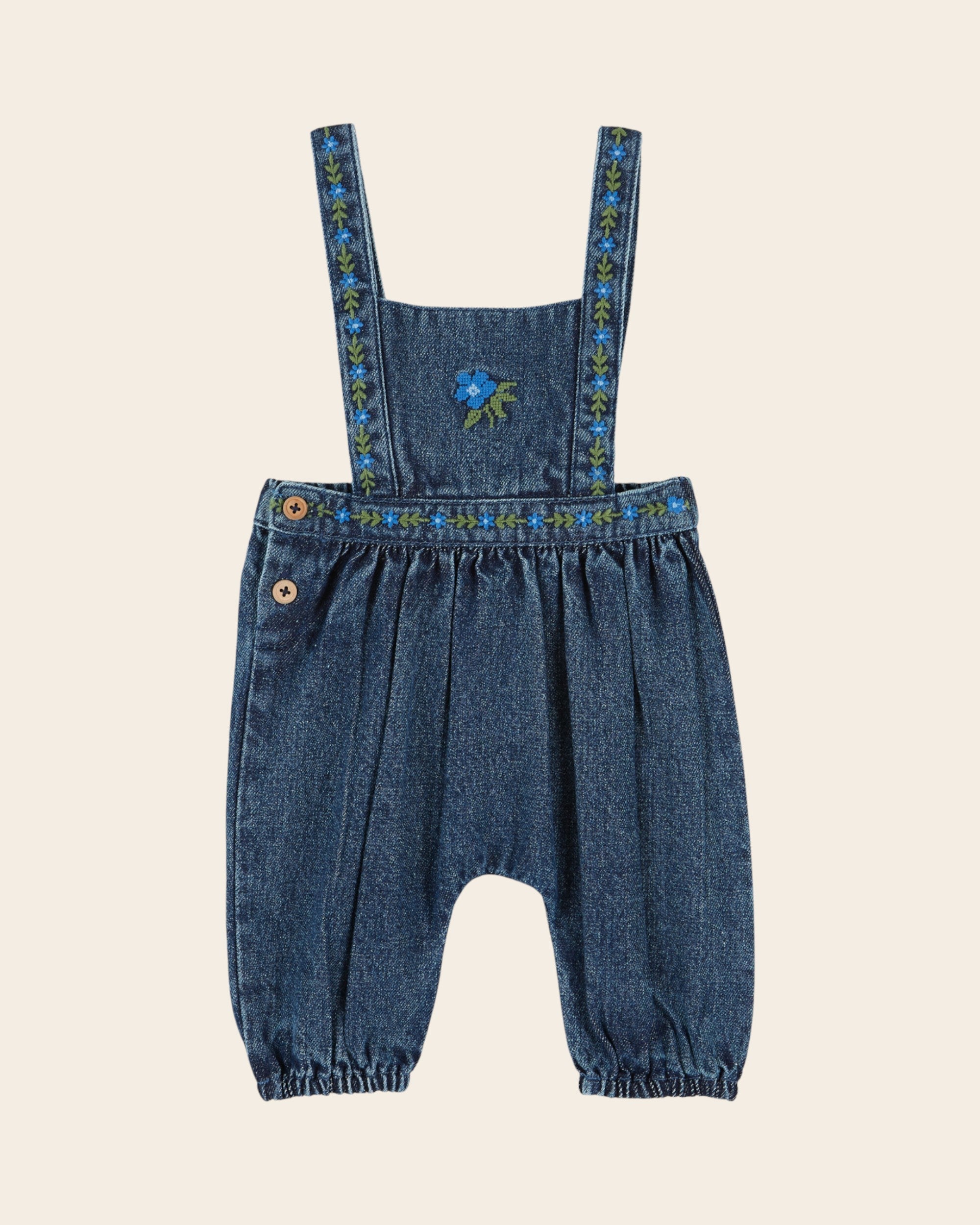 Emile et Ida Blue Denim Embroidered Baby Overalls