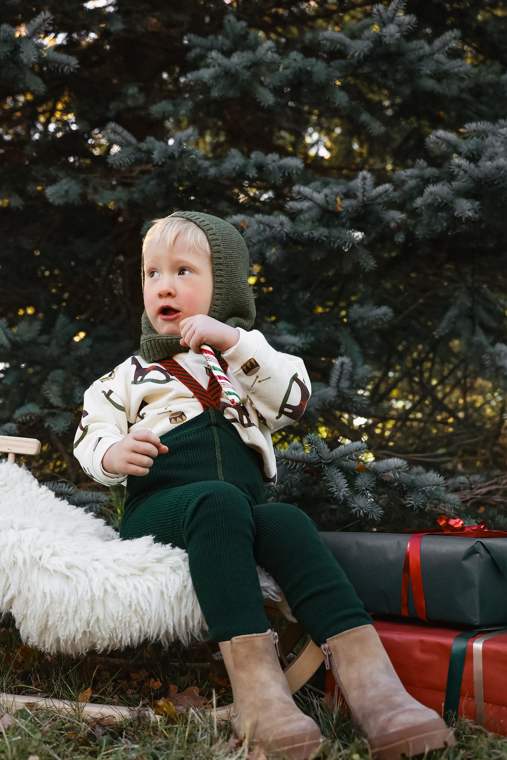 Silly Silas Footed Dark Forest Green Christmas Patterned — official lifestyle view 3