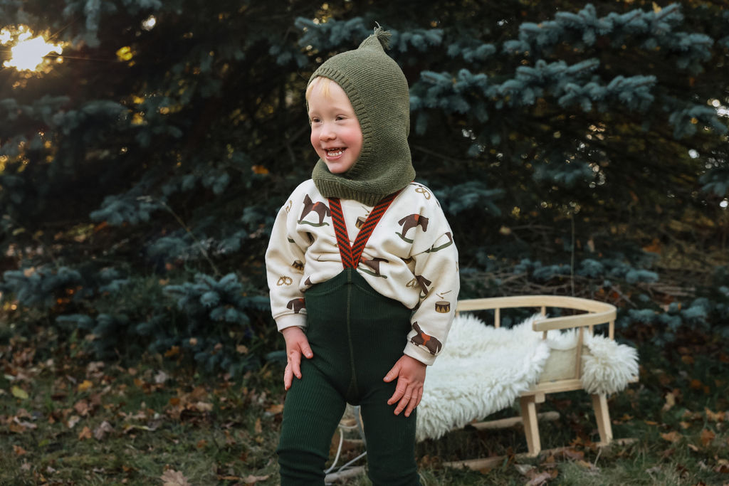Silly Silas Footless Dark Forest Green Christmas Patterned — official lifestyle view 3