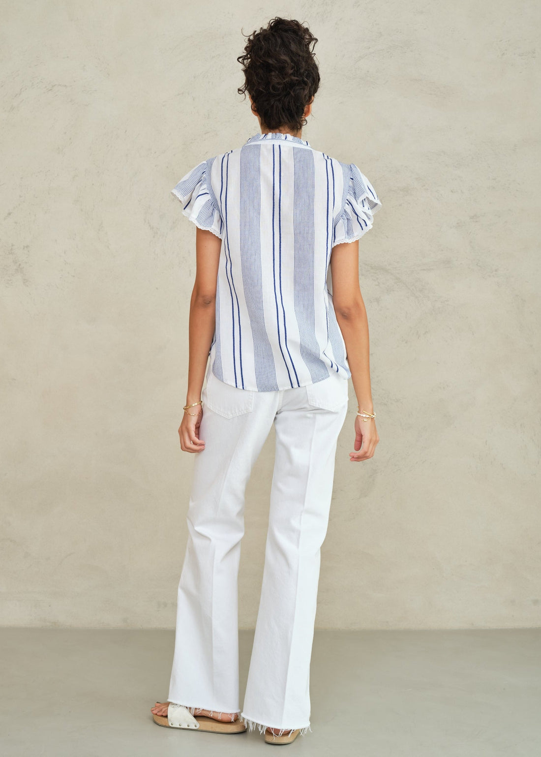 M.A.B.E Eleni Woven Frill Top - Blue Stripe
