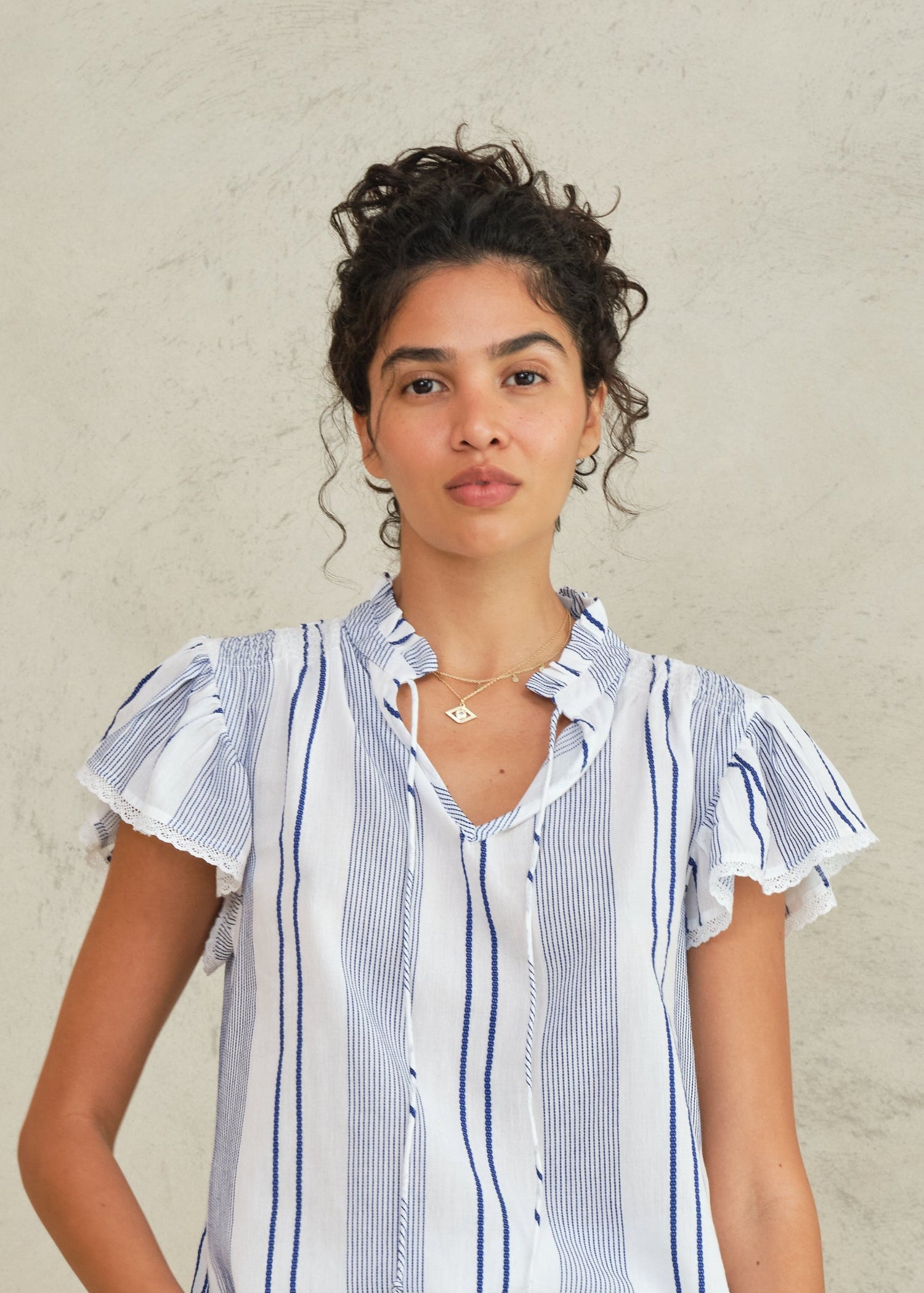 M.A.B.E Eleni Woven Frill Top - Blue Stripe