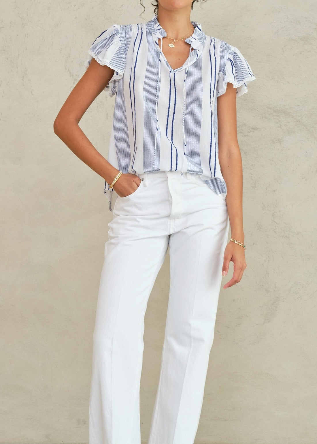 M.A.B.E Eleni Woven Frill Top - Blue Stripe