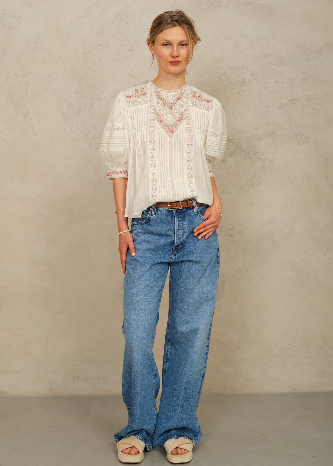 M.A.B.E Fleur Short Sleeve Top - Ecru/Multi