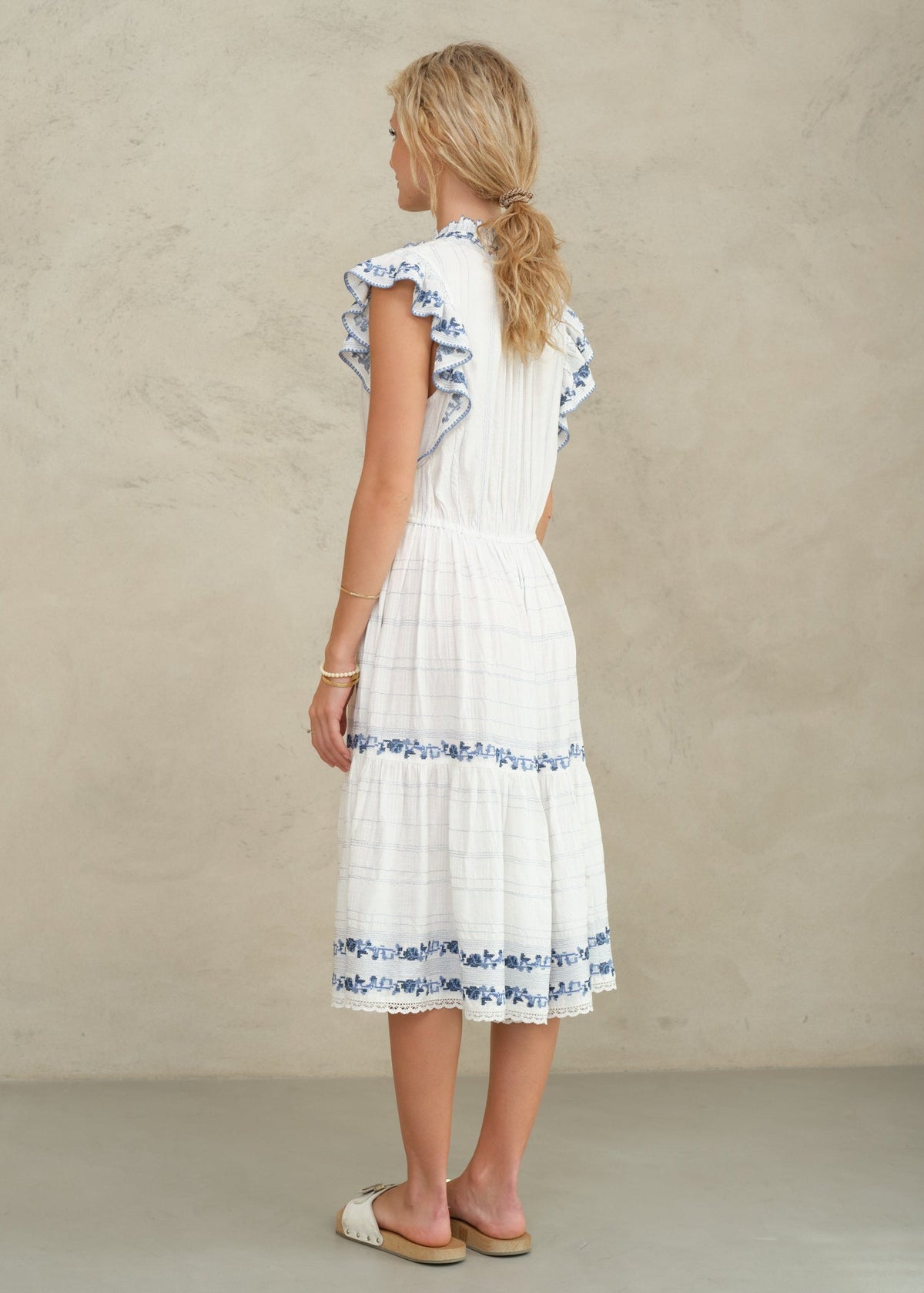M.A.B.E Halle Frill Dress  - Ecru/Blue