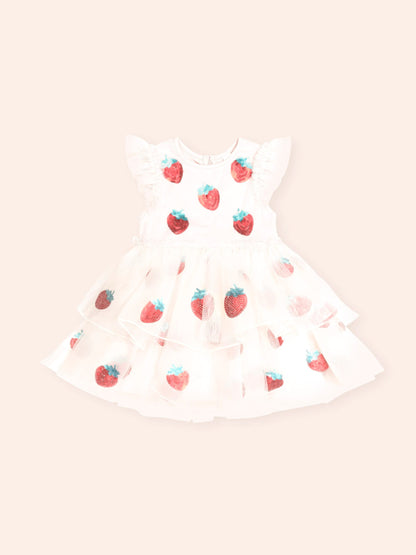 Huxbaby Sequin Strawberry Tulle Dress in Ecru, front view