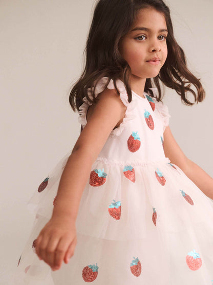 Huxbaby Sequin Strawberry Tulle Dress in Ecru, back lifestyle view