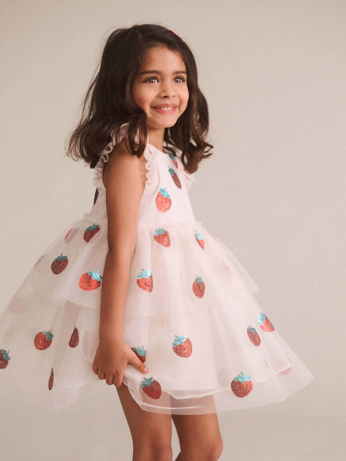 Huxbaby Sequin Strawberry Tulle Dress in Ecru, front lifestyle view