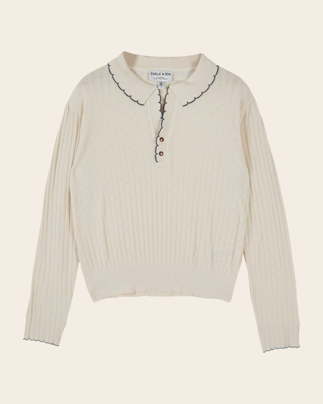 Emile et Ida Ecru Pointelle Long-Sleeve Polo