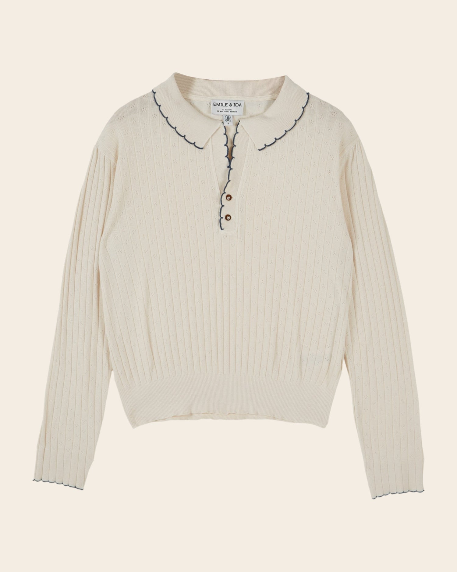 Emile et Ida Ecru Pointelle Long-Sleeve Polo