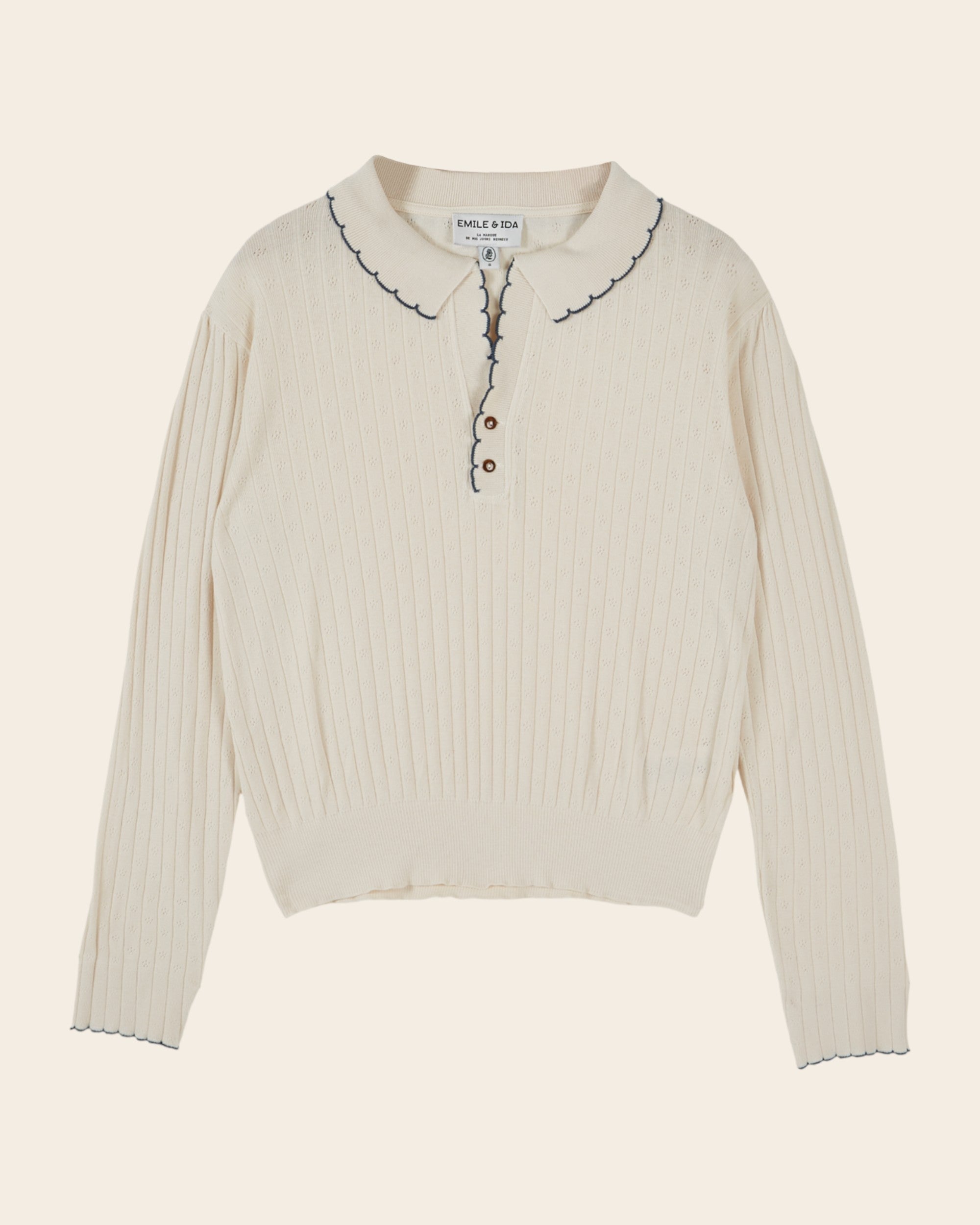 Emile et Ida Ecru Pointelle Long-Sleeve Polo