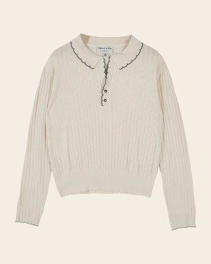 Emile et Ida Ecru Pointelle Long-Sleeve Polo