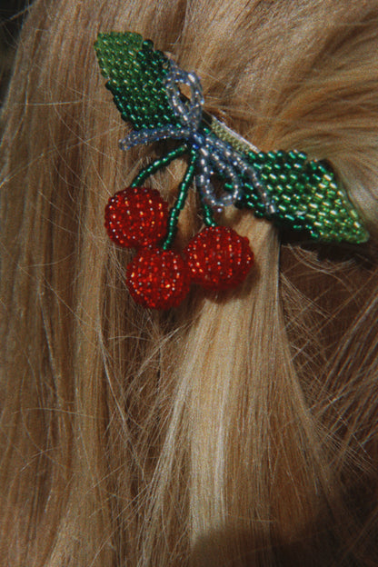 2 PACK BEADED CHERRY BOW HAIR CLIP - cherry