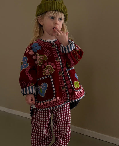Sissel Edelbo Velvet Burgundy jacket styled with checked trousers