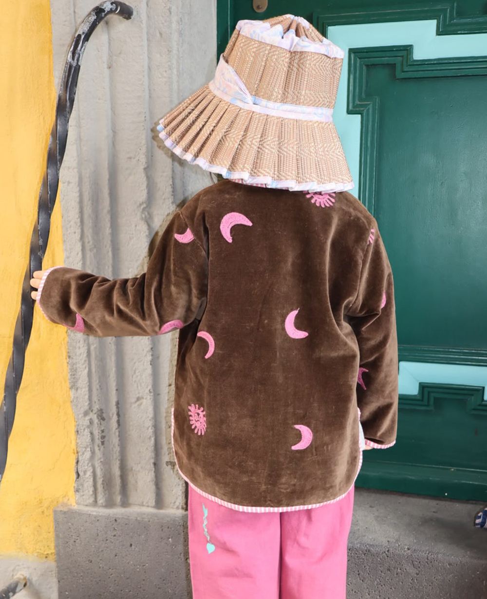 Sissel Edelbo back of the Sun &amp; Moon jacket with pink celestial embroidery