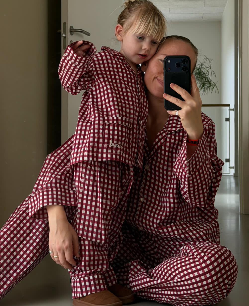Sissel Edelbo matching adult and MINI Berry Hedge pyjamas worn together