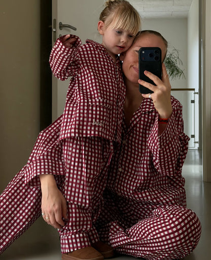 Sissel Edelbo matching adult and MINI Berry Hedge pyjamas worn together