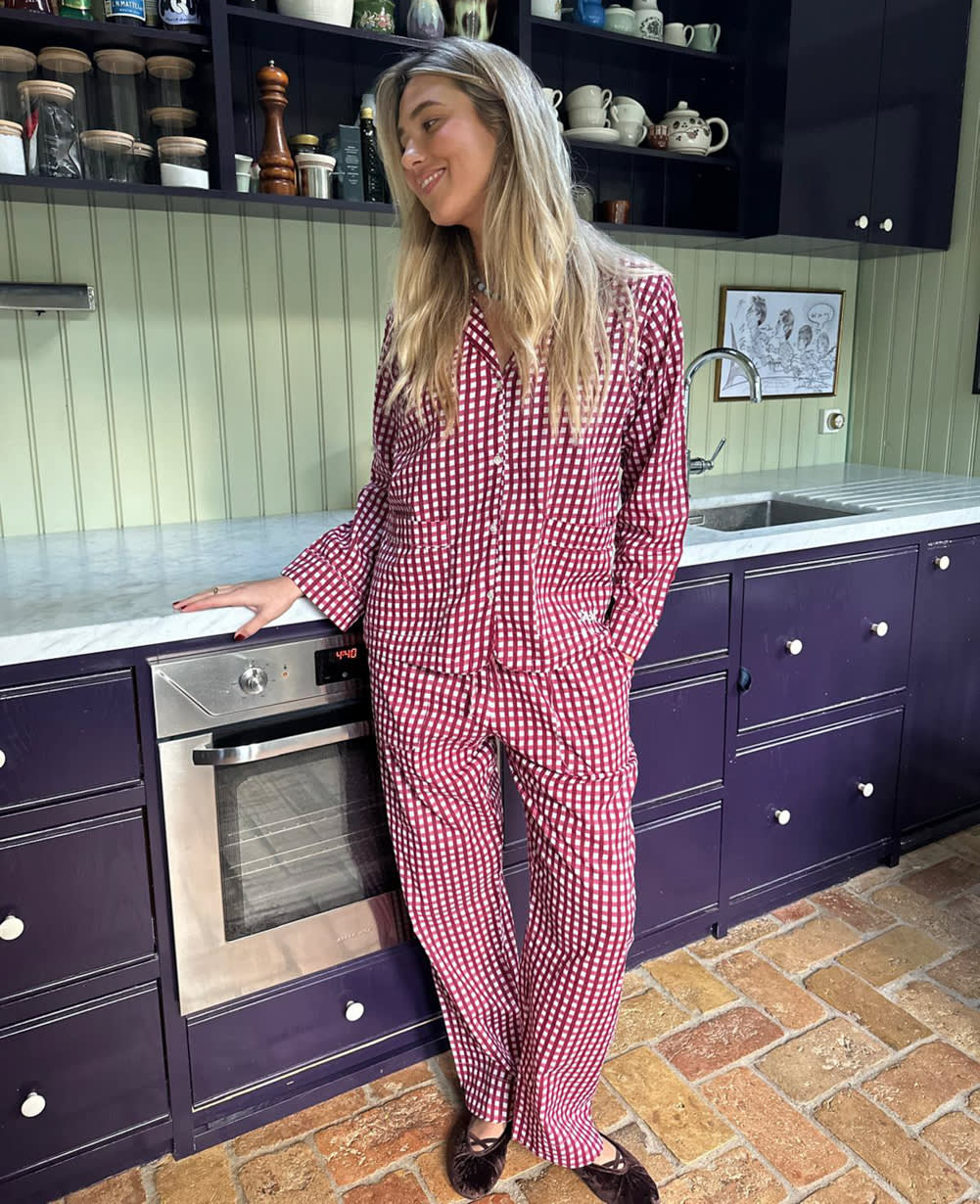 Sissel Edelbo Nuit Berry Hedge pyjamas worn with the matching MINI set