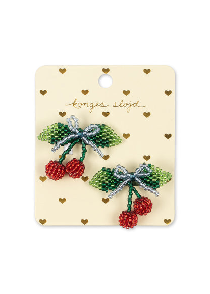 2 PACK BEADED CHERRY BOW HAIR CLIP - cherry