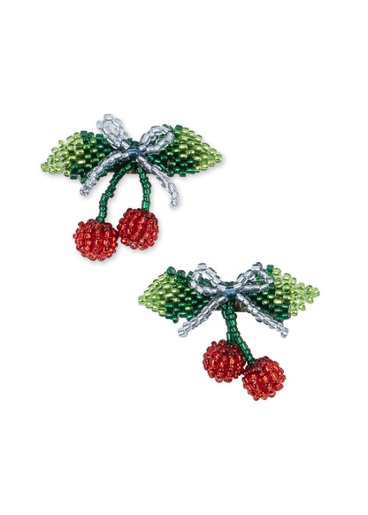 2 PACK BEADED CHERRY BOW HAIR CLIP - cherry