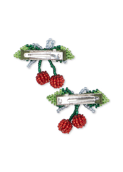 2 PACK BEADED CHERRY BOW HAIR CLIP - cherry