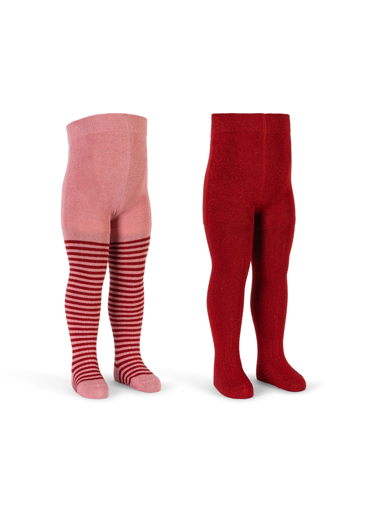 Konges Sløjd 2 Pack Glitter Tights in Red Stripe, pink striped and red pairs