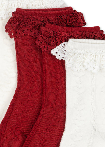 Konges Sløjd 2 Pack Pointelle Frill Socks - Red/off White by Konges Sløjd