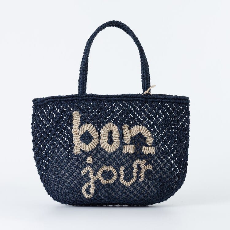 The Jacksons Mabel Bonjour handmade jute tote bag in navy and natural, featuring the signature Bonjour design.