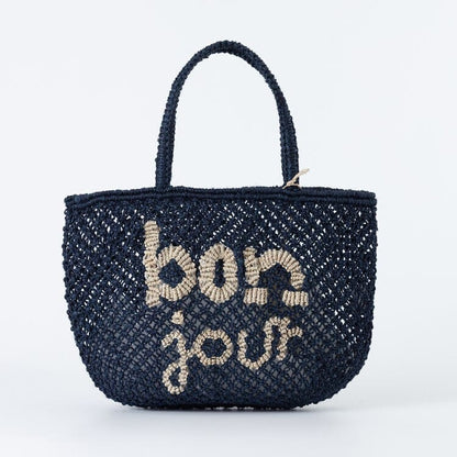 The Jacksons Mabel Bonjour handmade jute tote bag in navy and natural, featuring the signature Bonjour design.