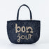 The Jacksons Mabel Bonjour handmade jute tote bag in navy and natural, featuring the signature Bonjour design.