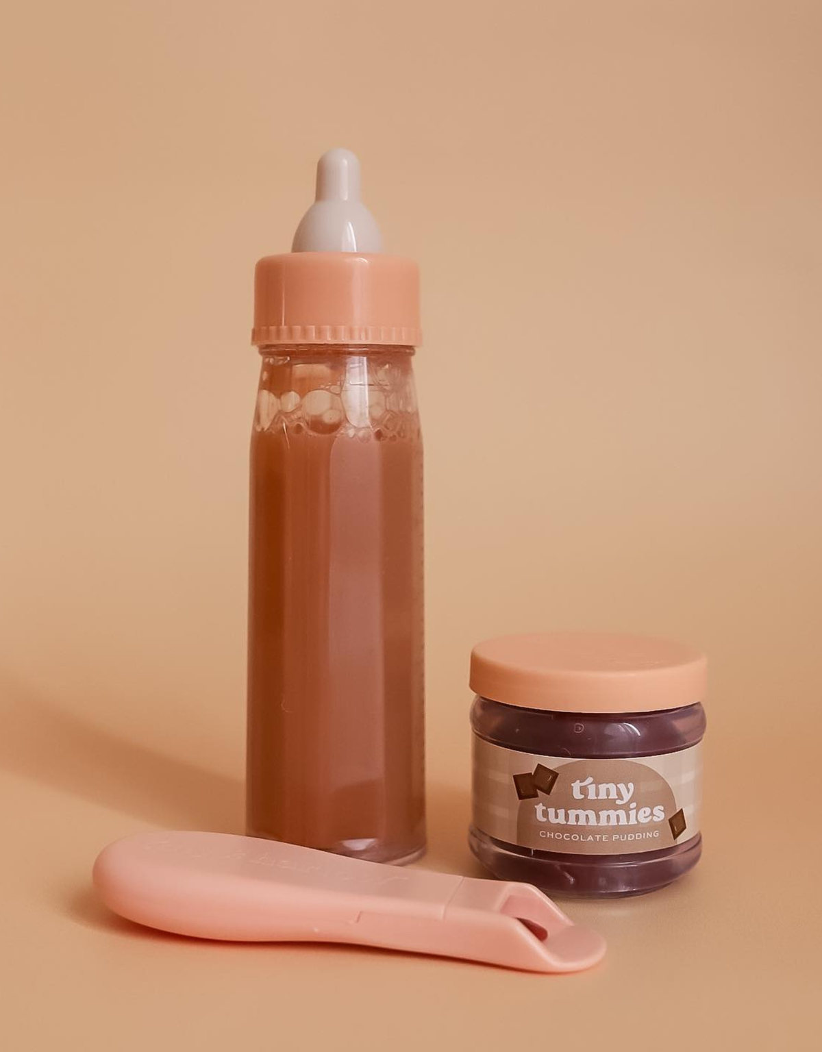 Tiny Harlow Tiny Tummies Puree and Milk Bottle set for doll - Chocolate