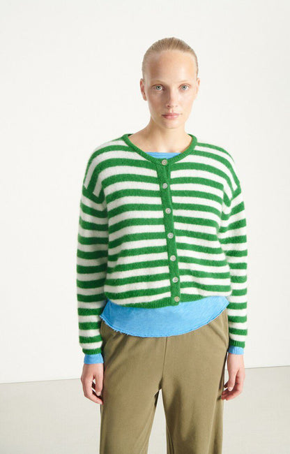 American Vintage Women’s Cardigan Vitow – Striped White Clover Mohair Blend Knit American Vintage