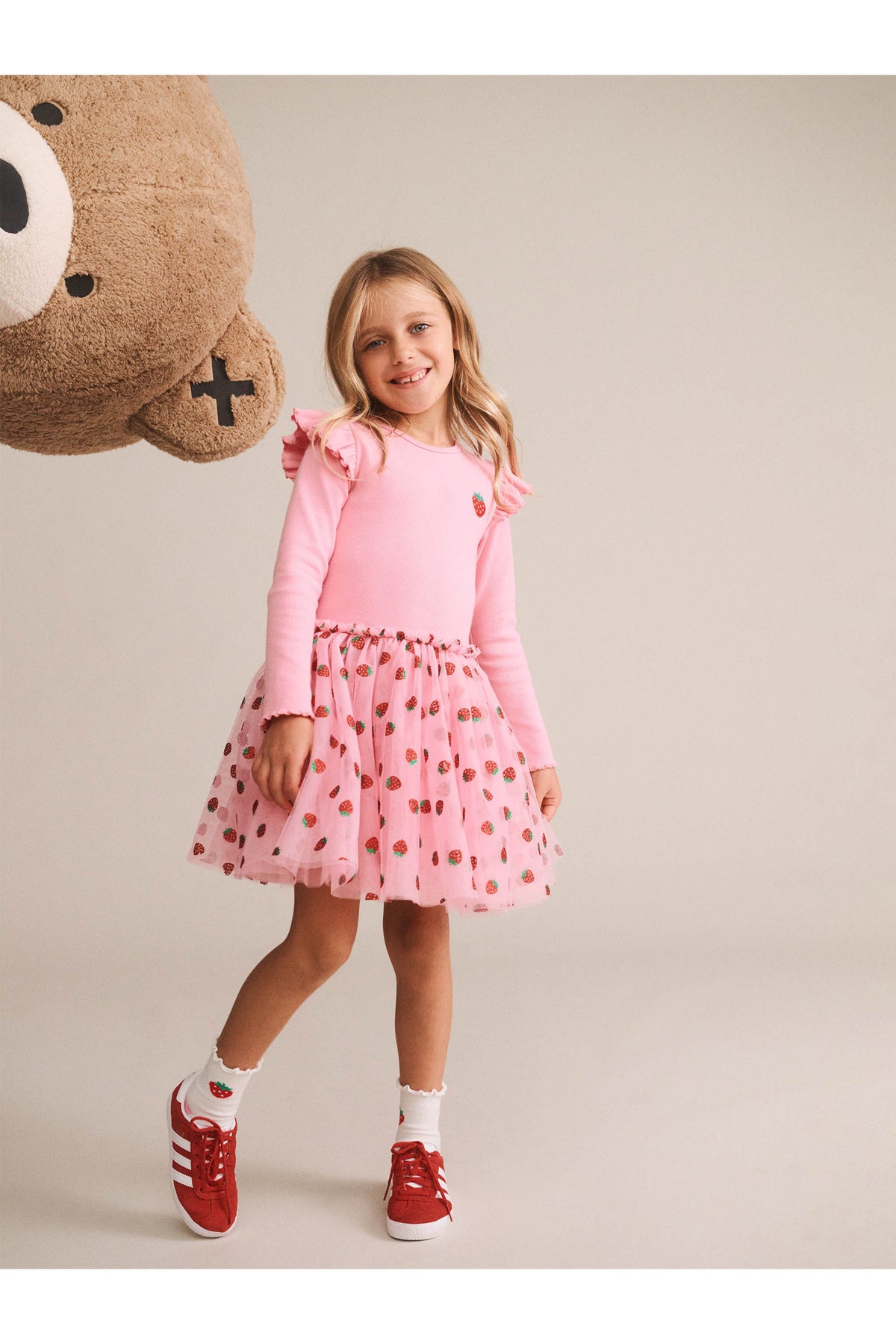 Huxbaby Strawberry Emb Long Sleeve Tulle Dress in Strawberry Crème, alternate view