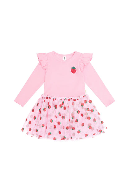 Huxbaby Strawberry Emb Long Sleeve Tulle Dress in Strawberry Crème, front view