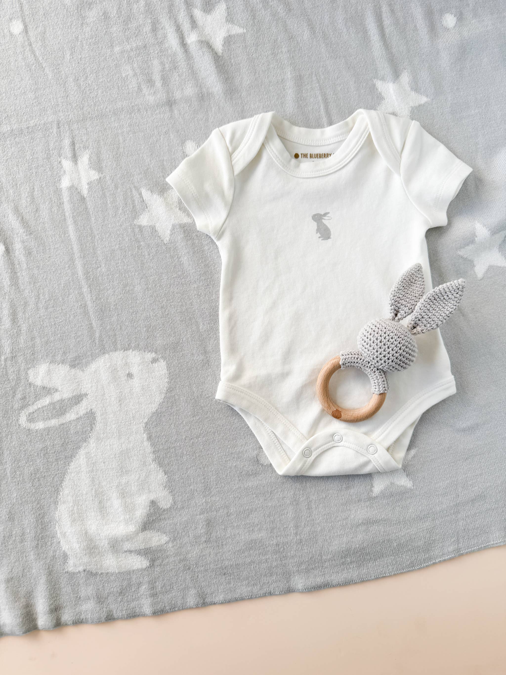 The Blueberry Hill - Set Star Moon Bunny Blanket Lovey Gift Baby Shower Organic: Blanket + Cream Lovey