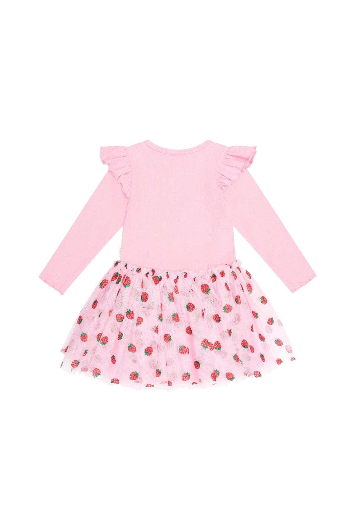 Huxbaby Strawberry Emb Long Sleeve Tulle Dress in Strawberry Crème, detail view