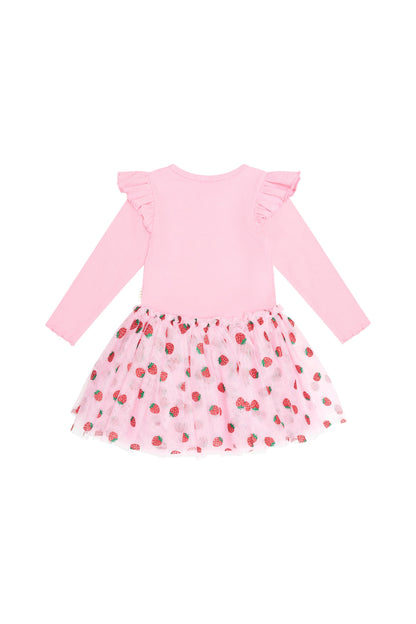 Huxbaby Strawberry Emb Long Sleeve Tulle Dress in Strawberry Crème, detail view