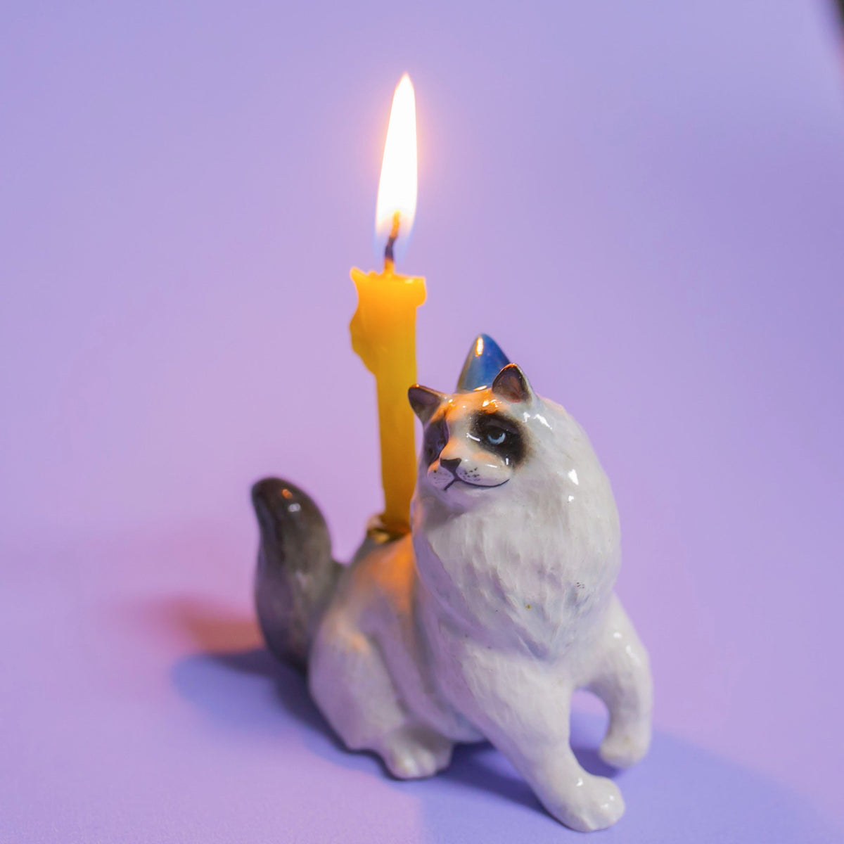Camp Hollow Ragdoll Cat Birthday Candle Holder | Porcelain Cake Topper Camp Hollow