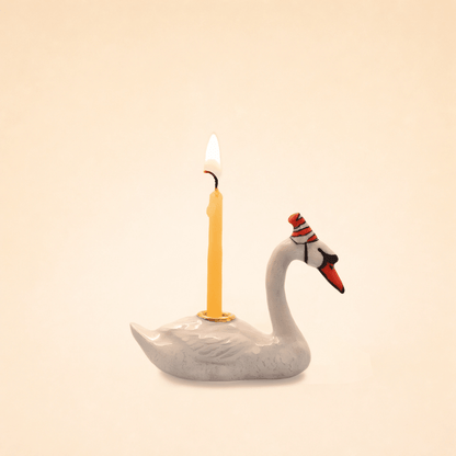 Camp Hollow Swan porcelain birthday candle holder cake topper