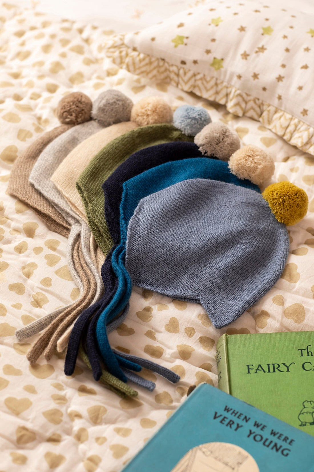 Cashmere Baby Bonnet, Ivy with Blue Mist Pom - Pom Rosie Sugden