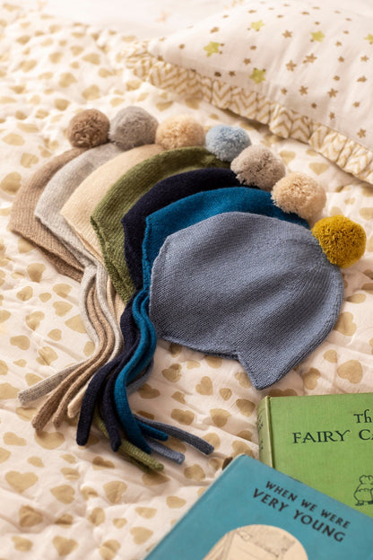 Cashmere Baby Bonnet, Ivy with Blue Mist Pom - Pom Rosie Sugden